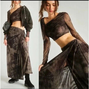 Free People Womens Supernova Mesh Tie Dye Crop Top Maxi Skirt Set Mocha Combo XS